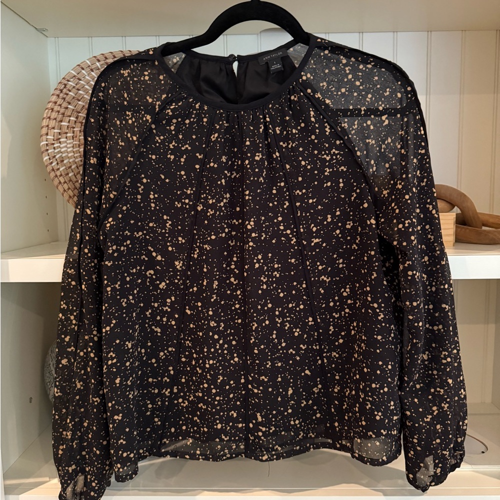 Ann Taylor Sheer Black Blouse with Gold Speckles